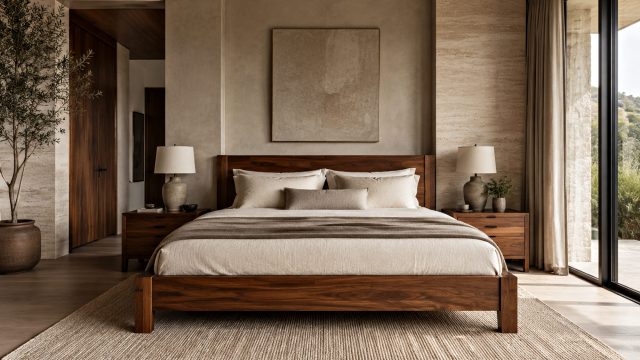 Luxury primary suite with a solid walnut bed, matching nightstands, neutral linens, natural stone walls, and restrained mid-century styling.