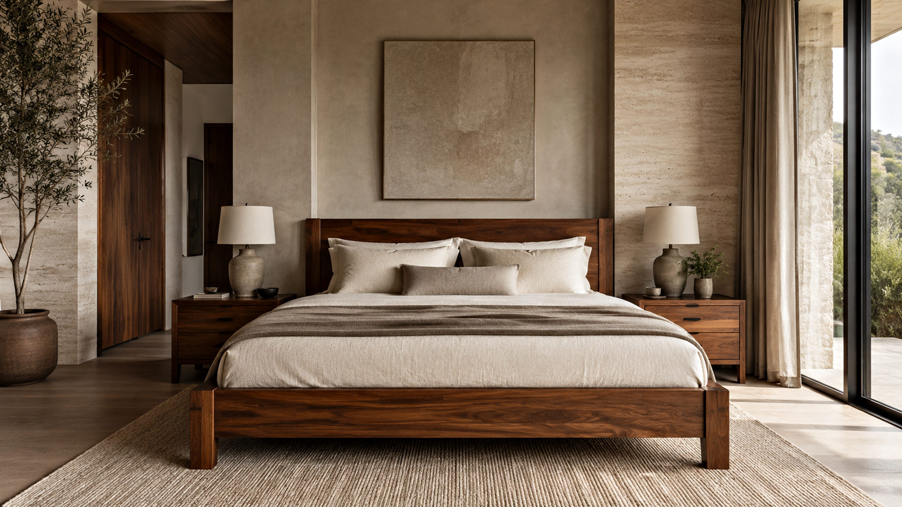 Luxury primary suite with a solid walnut bed, matching nightstands, neutral linens, natural stone walls, and restrained mid-century styling.
