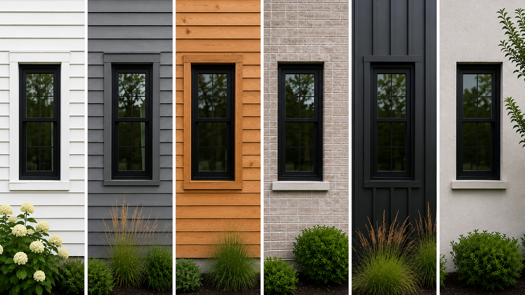 Equal-width vertical views compare white vinyl, grey fiber cement, natural wood, light brick, dark metal, and smooth stucco siding.