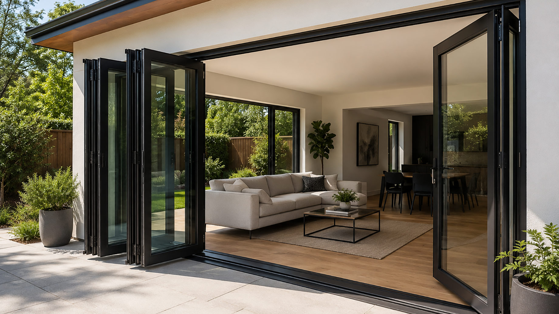Black-framed exterior bifold doors fully opened between a modern living room and a landscaped patio, with clean ceilings and no recessed lighting.