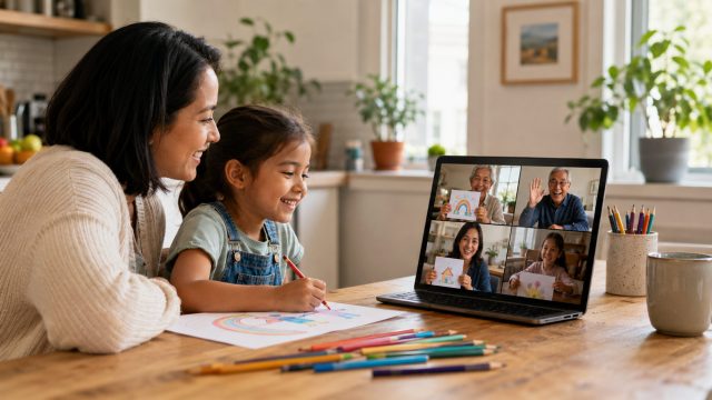Mother and daughter draw together while grandparents and other relatives share artwork during a family video call.