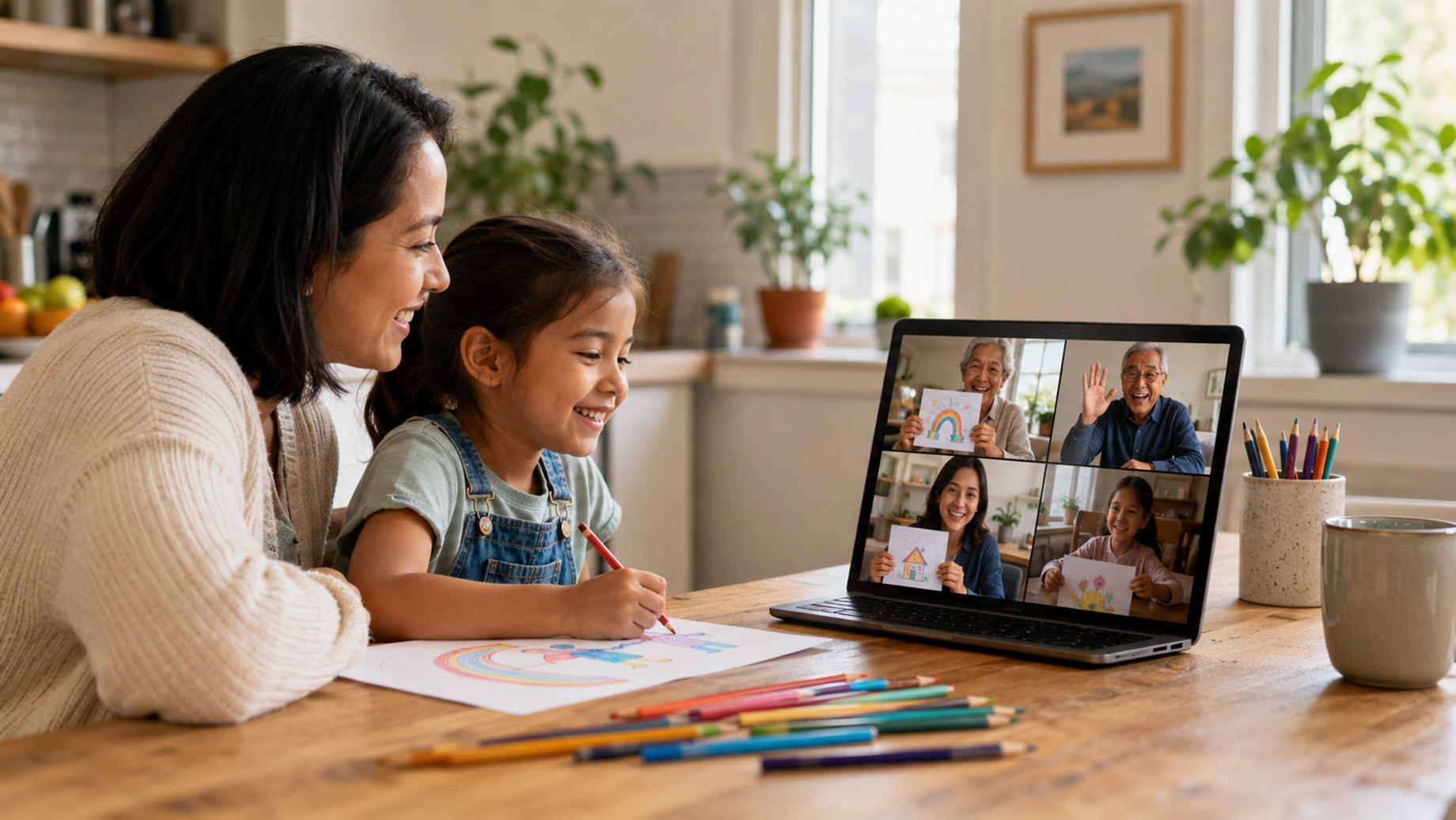 Mother and daughter draw together while grandparents and other relatives share artwork during a family video call.