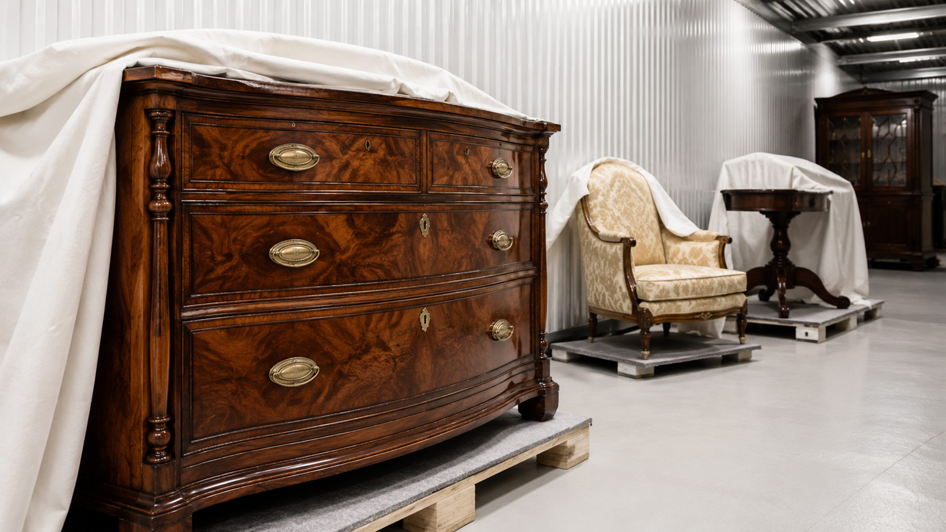 Antique wooden chest, upholstered armchair, and covered tables stored on raised pallets in a clean, secure facility.