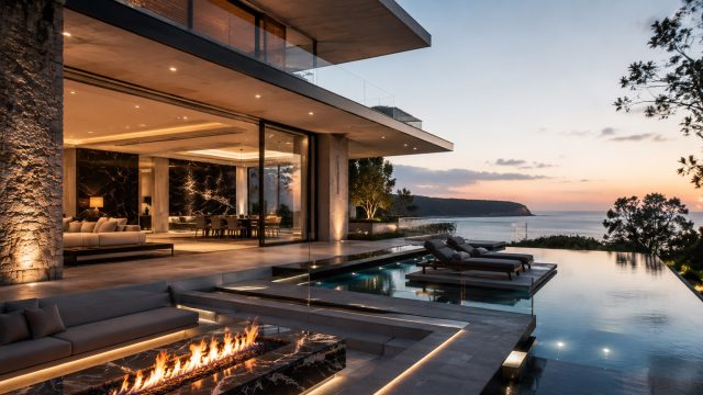 Luxury oceanfront residence with precision stonework, floor-to-ceiling glazing, integrated lighting, an infinity pool, and bespoke outdoor living areas.