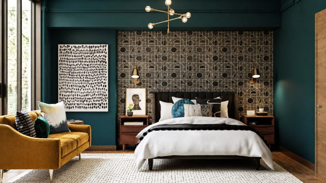 Eclectic bedroom with teal walls, patterned wallpaper, brass lighting, mustard sofa, layered textiles, wood accents, and modern global décor.