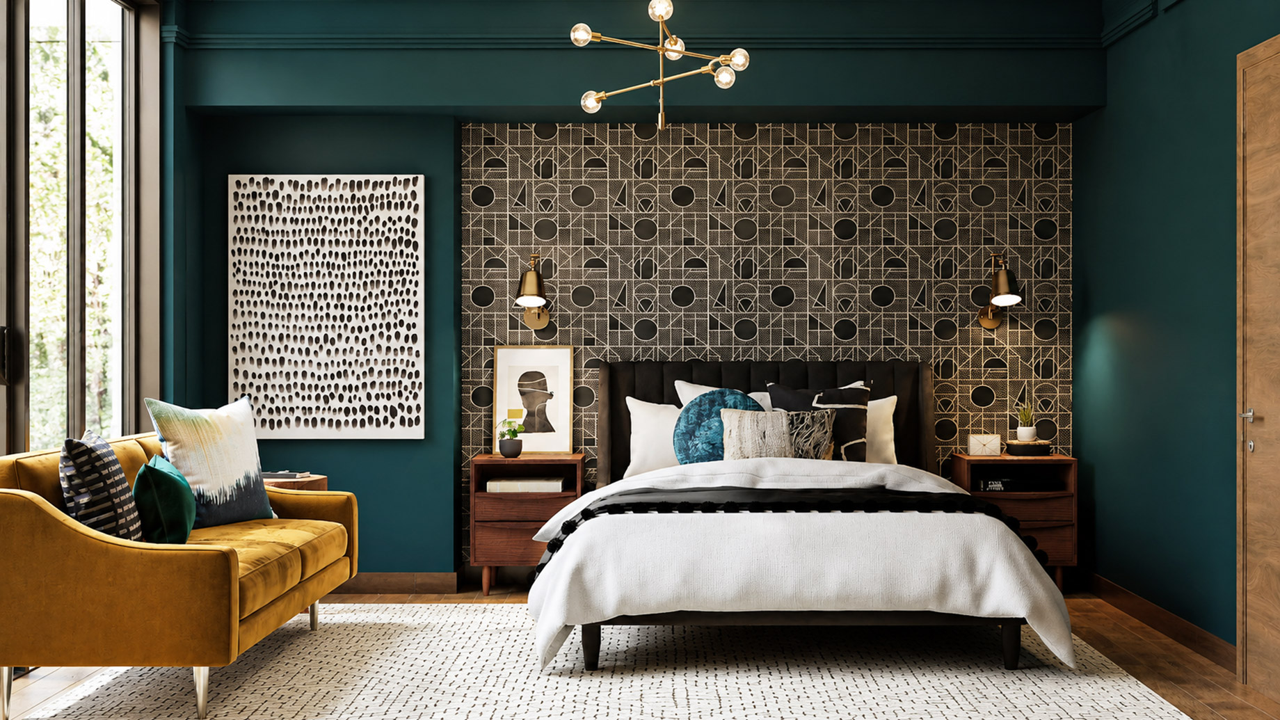 Eclectic bedroom with teal walls, patterned wallpaper, brass lighting, mustard sofa, layered textiles, wood accents, and modern global décor.