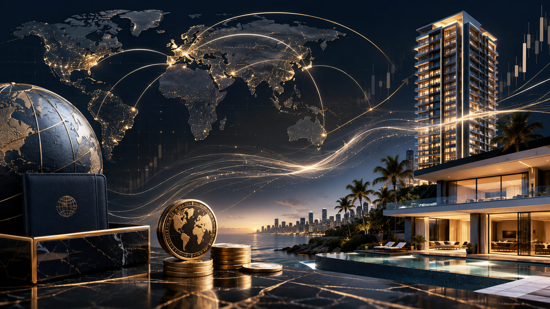 Illuminated world map and flowing financial connections merging with a coastal luxury villa, residential tower, globe, passport, and gold coins.