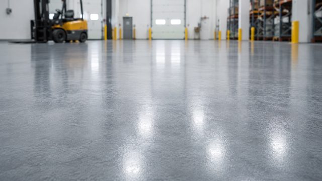Low-angle view of a glossy grey commercial floor coating inside a warehouse, with reflected lights, loading doors, shelving, and a forklift in the background.