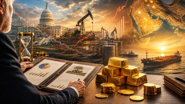 Investor reviews retirement charts beside gold bars and coins as the U.S. Capitol, oil markets, shipping routes, and Middle East tensions appear behind him.