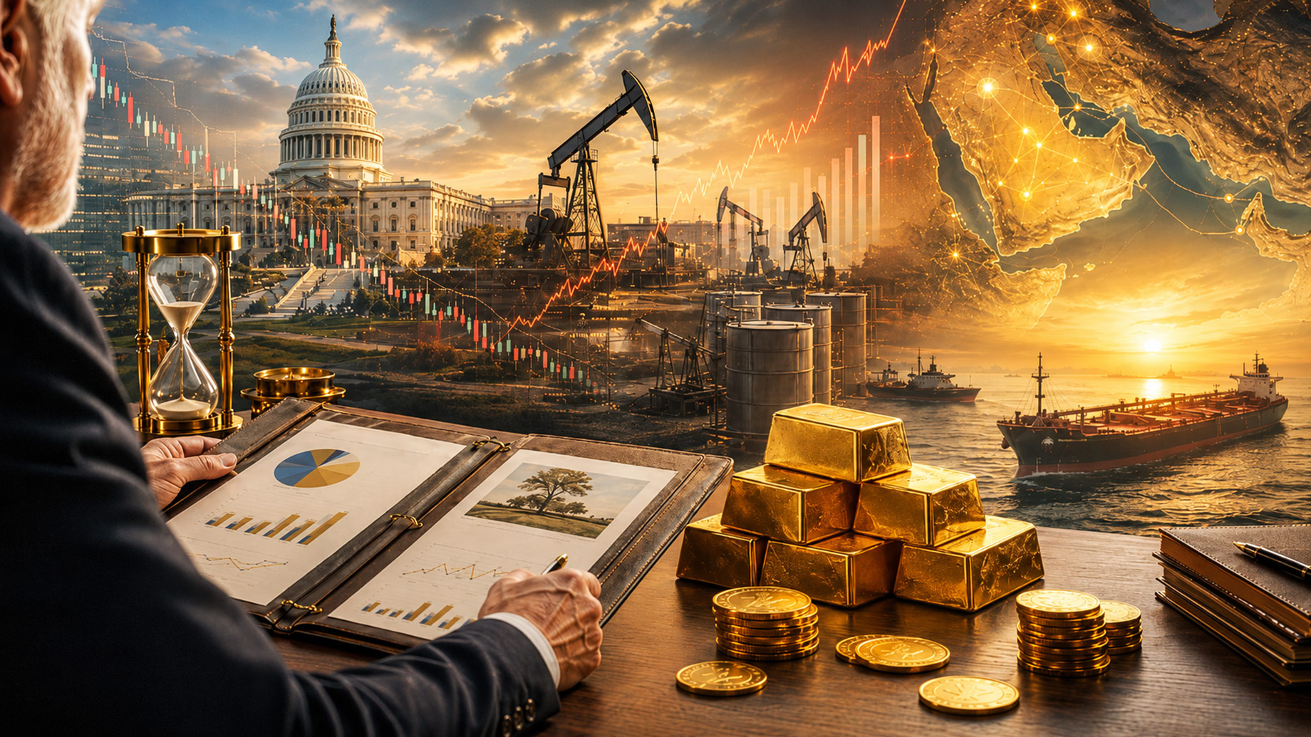 Investor reviews retirement charts beside gold bars and coins as the U.S. Capitol, oil markets, shipping routes, and Middle East tensions appear behind him.