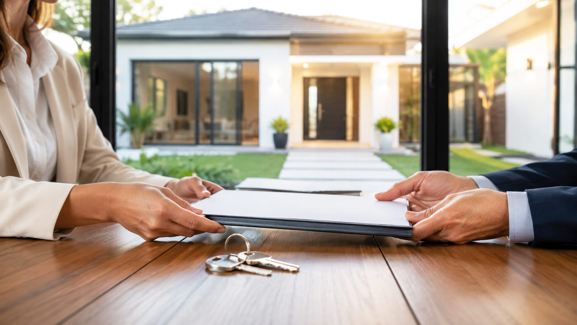 Property seller and professional buyer exchanging sale documents beside house keys, with a modern residence visible through the windows.