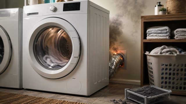 Running clothes dryer with smoke and heat emerging from a clogged exhaust vent beside accumulated lint in a residential laundry room.