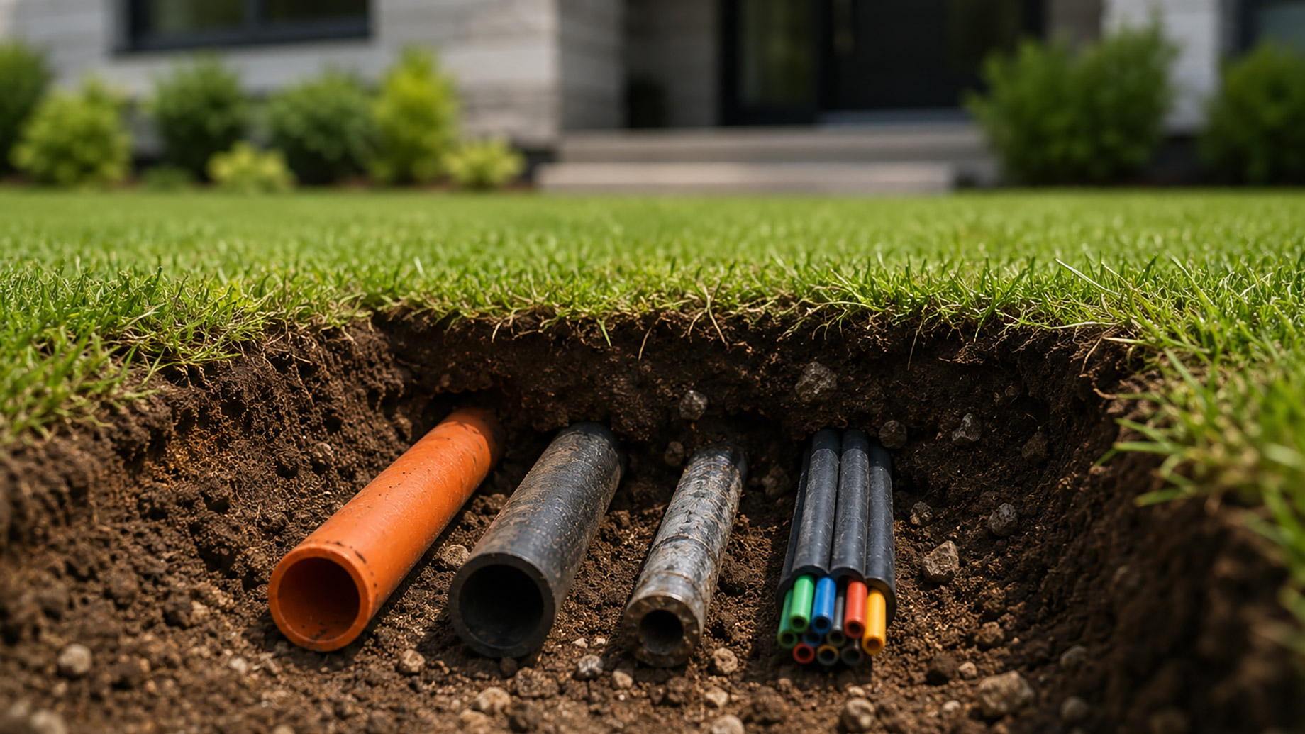 Exposed underground utility pipes and cables beneath the lawn of a modern Ottawa home.