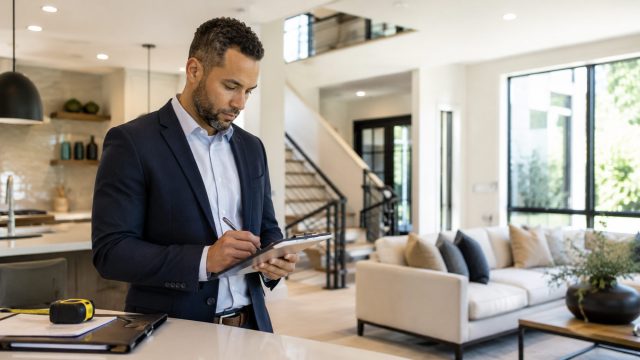 Real estate appraiser recording property details on a clipboard inside a bright modern home during a professional valuation inspection.