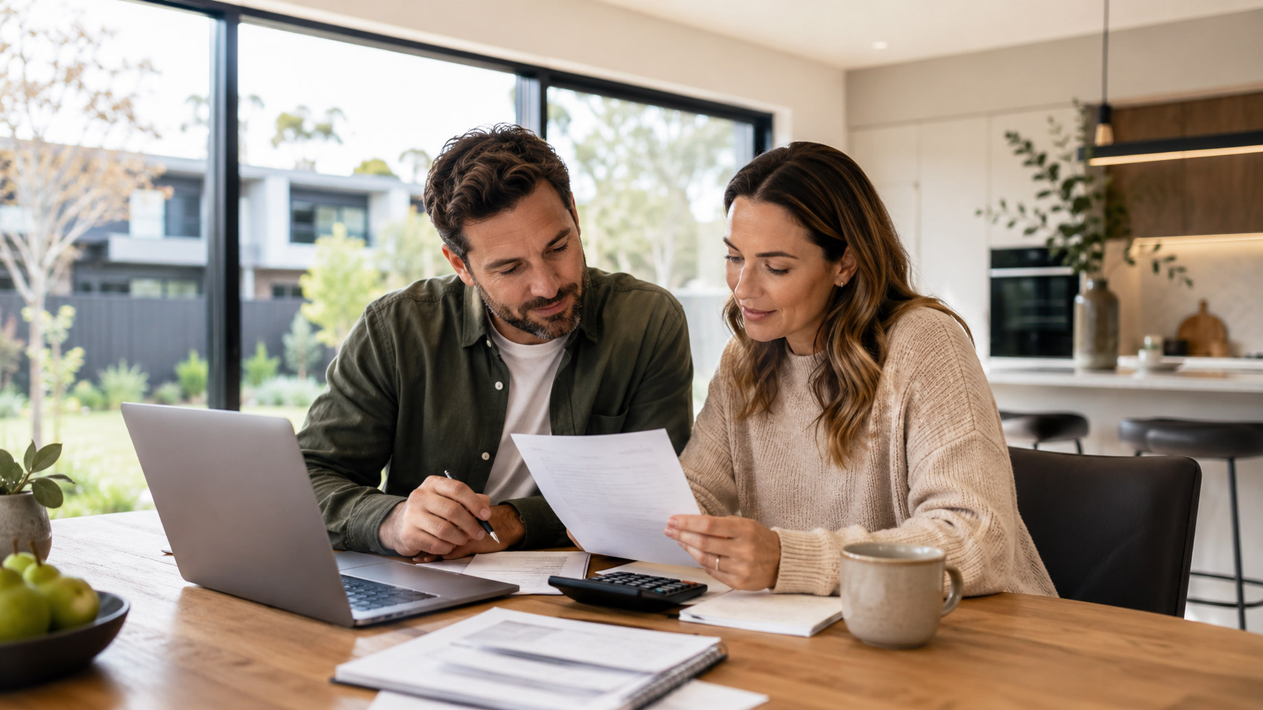 Couple reviewing home loan documents and offset account savings at a table in their modern home.