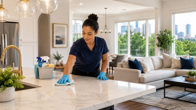 Professional house cleaner wiping a marble kitchen counter in a bright Houston home with cleaning supplies nearby and a living room in the background.
