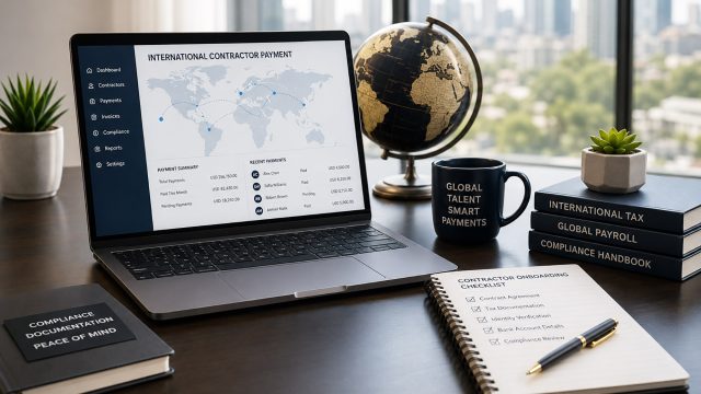 Modern office desk with laptop showing global contractor payments, a globe, compliance books, checklist, and city view.