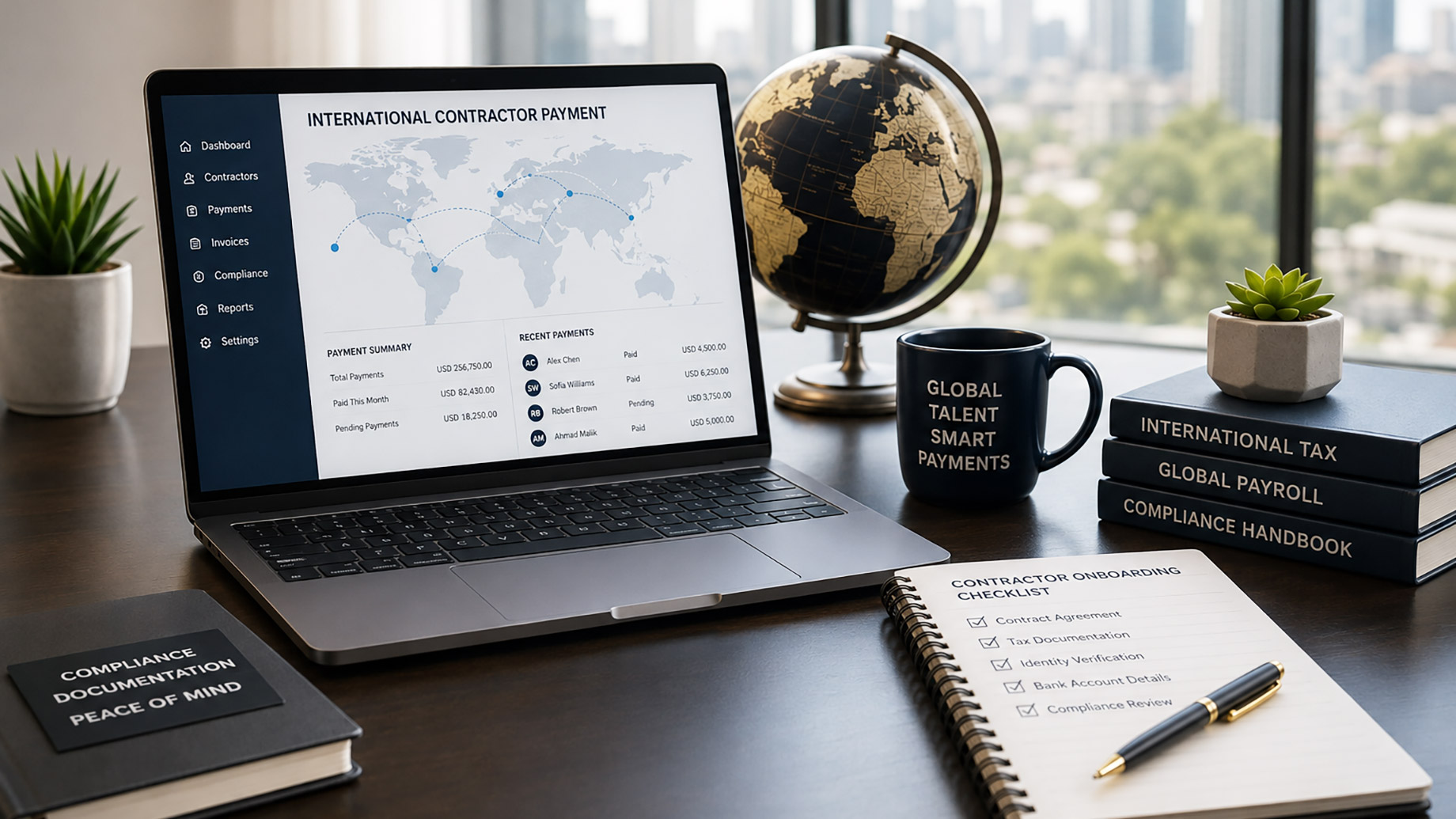 Modern office desk with laptop showing global contractor payments, a globe, compliance books, checklist, and city view.