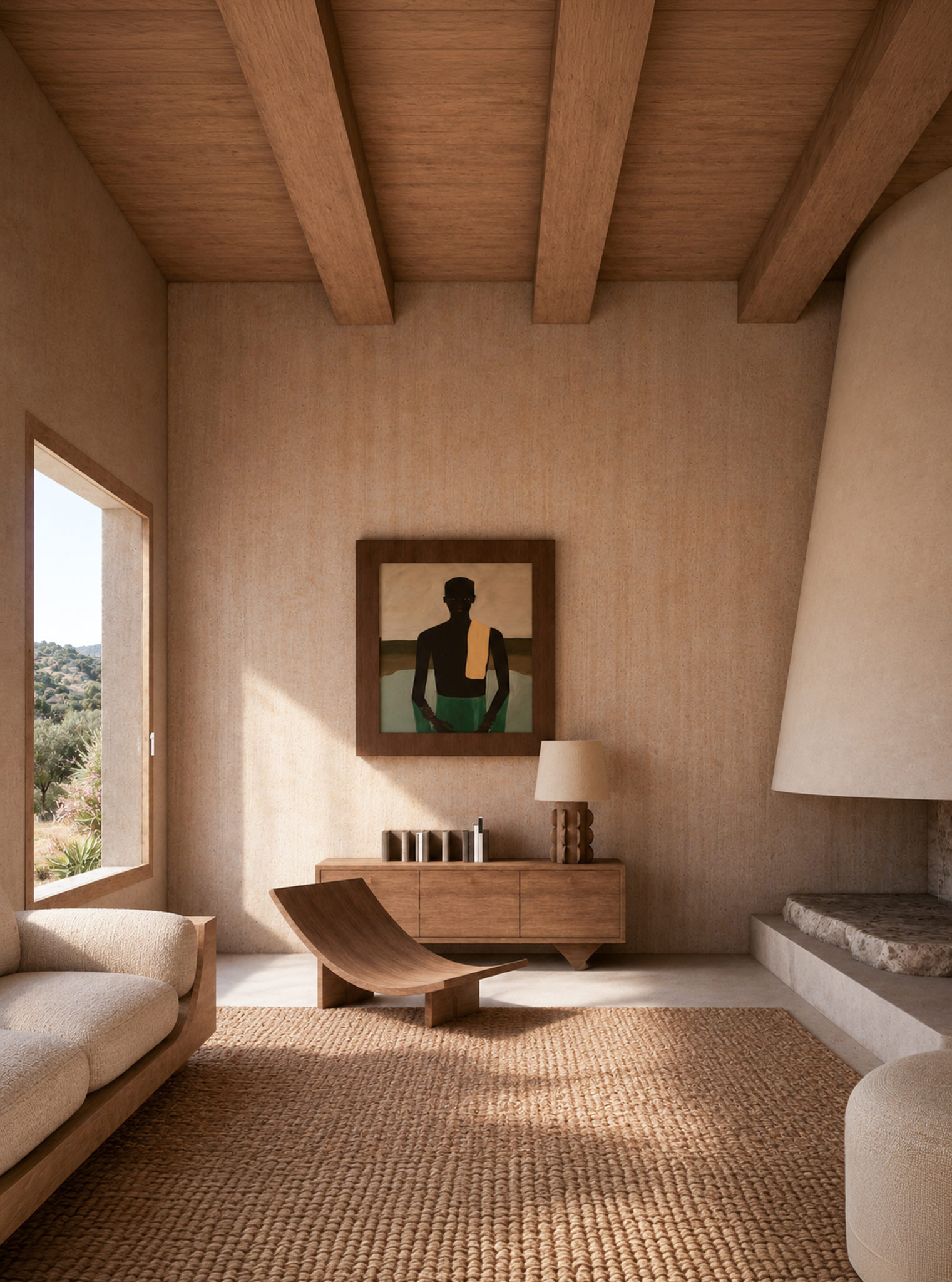 High-ceilinged Apaulinha sitting room with timber beams, artwork, and handcrafted furniture.