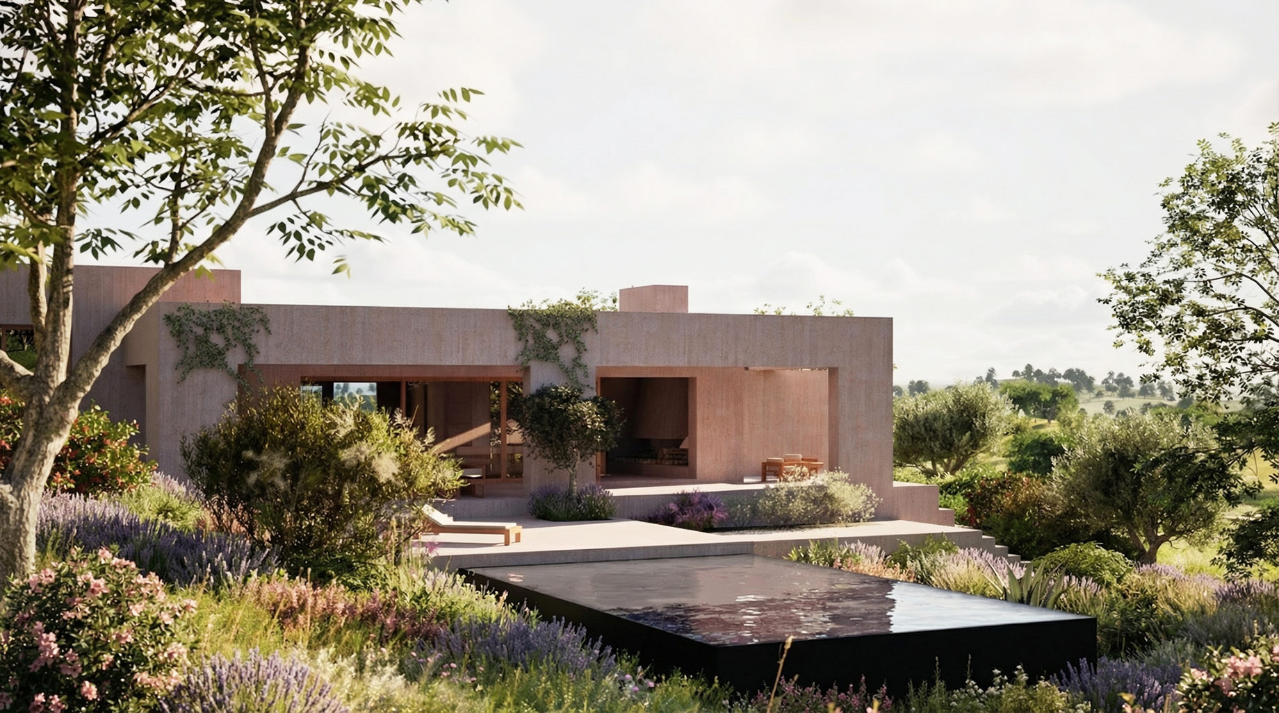 Reflecting pool beside an Apaulinha residence surrounded by flowering Mediterranean gardens.