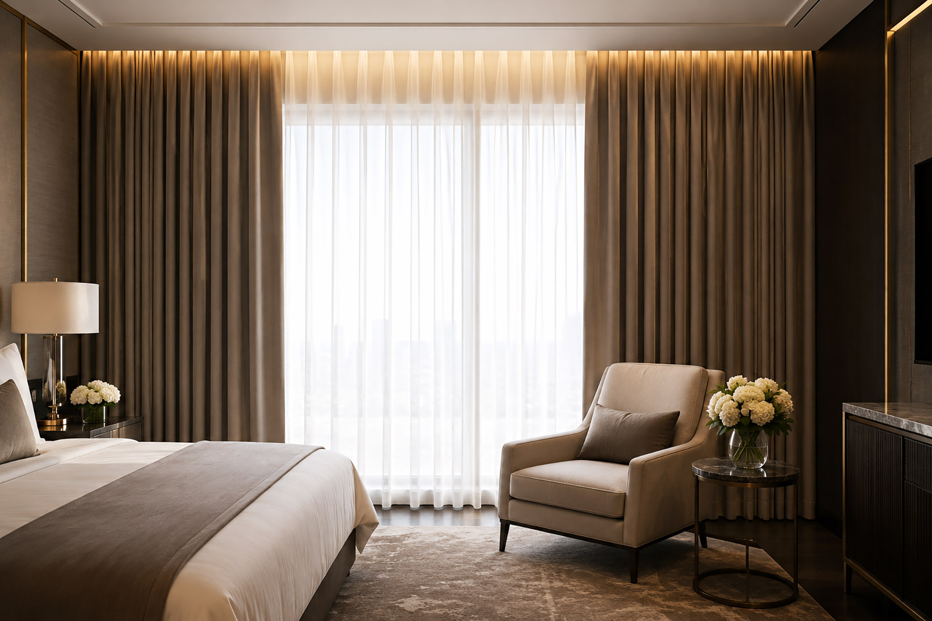 Hotel-inspired bedroom with layered sheer curtains and heavy blackout drapes, warm recessed lighting, neutral bedding, an armchair, and elegant side table.