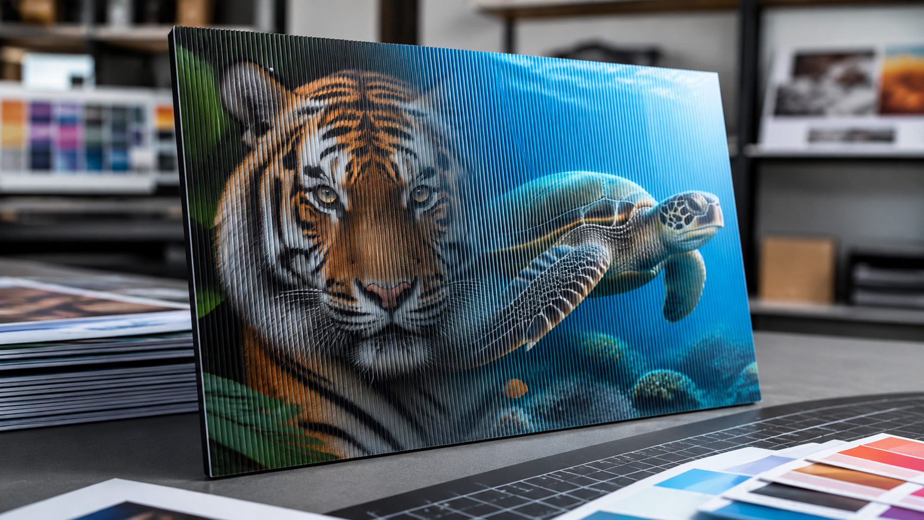 Lenticular print displaying a tiger and sea turtle through fine vertical lenses, demonstrating shifting visuals, movement, and three-dimensional depth.