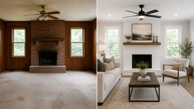 Split view of the same living room before and after renovation, showing dated wood panelling transformed into a bright, modern interior.