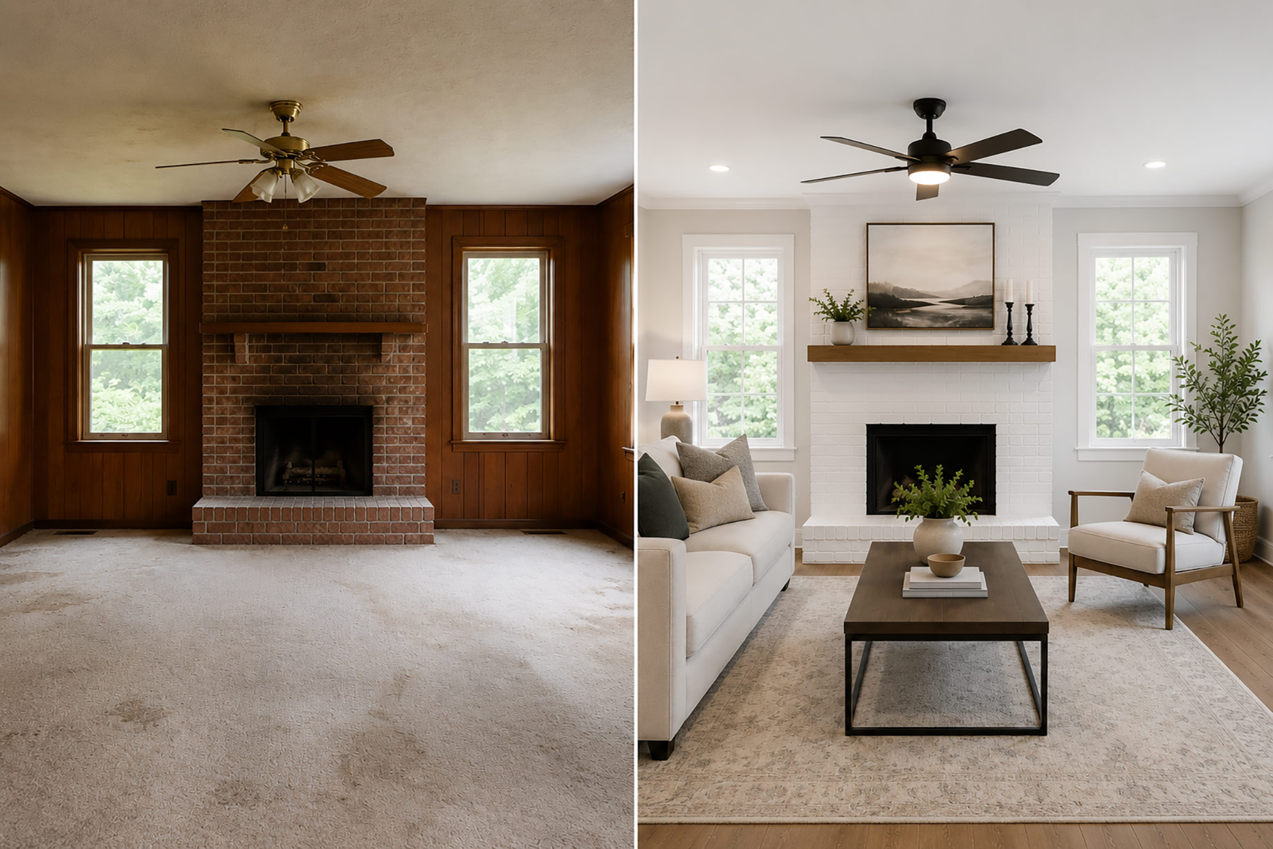 Split view of the same living room before and after renovation, showing dated wood panelling transformed into a bright, modern interior.