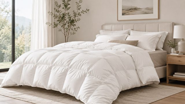 White cloud-style comforter with deep loft on a neatly made bed in a bright minimalist bedroom with soft natural light.