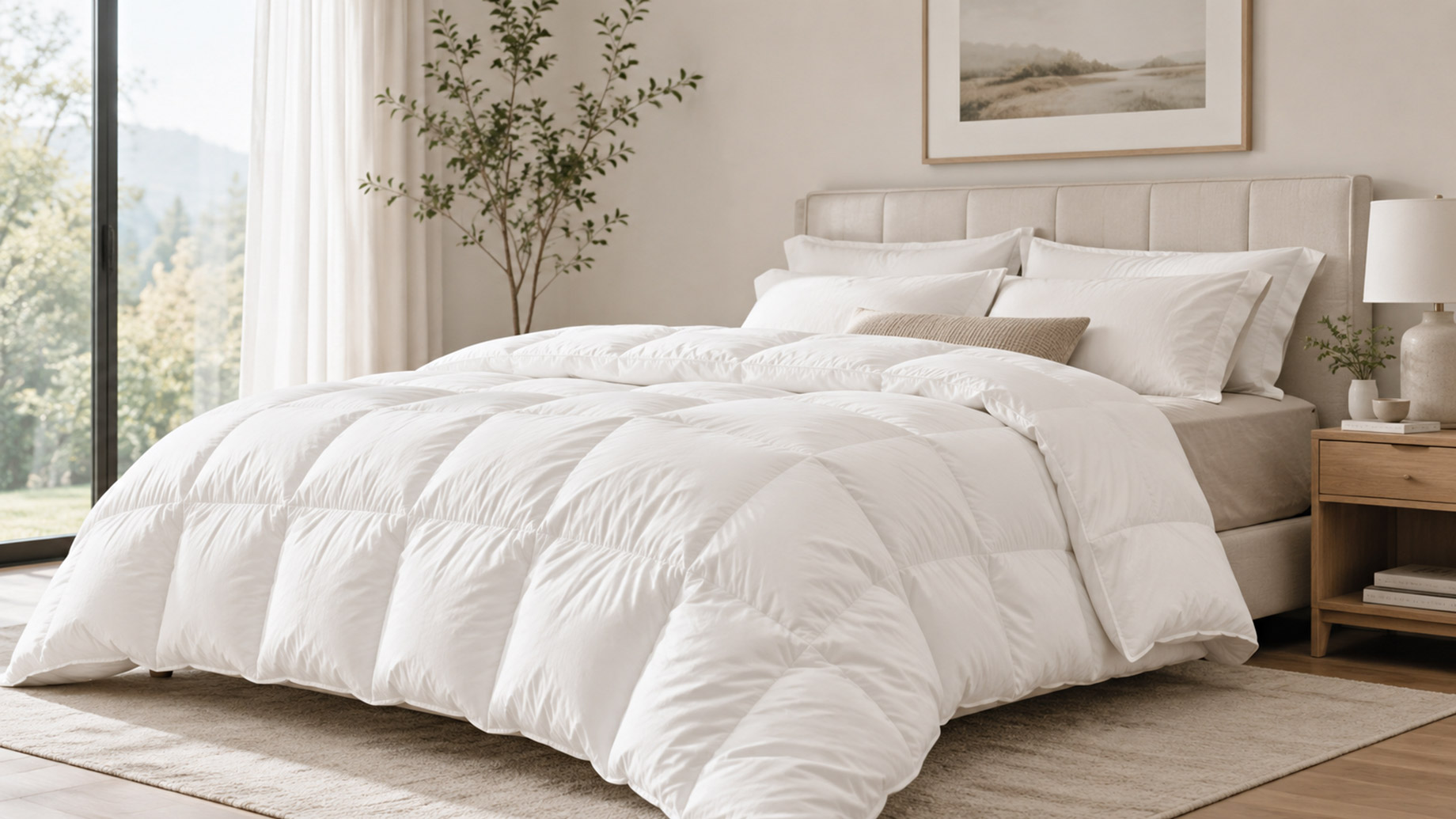 White cloud-style comforter with deep loft on a neatly made bed in a bright minimalist bedroom with soft natural light.
