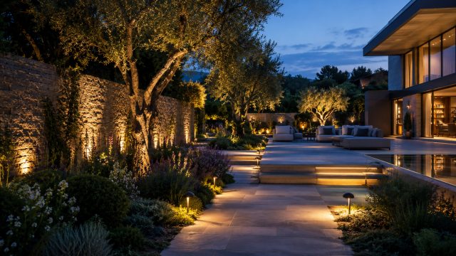 Luxury garden with warm path lights, illuminated trees, stone walls, poolside seating, and integrated step lighting at twilight.