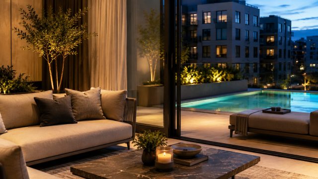 Refined apartment lounge with contemporary seating, warm ambient lighting, floor-to-ceiling glass doors, and views of a landscaped residential pool at dusk.