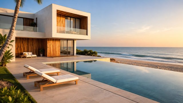 Modern beachfront villa in Pranburi with an infinity pool, timber detailing, ocean views, and private terraces at golden hour.