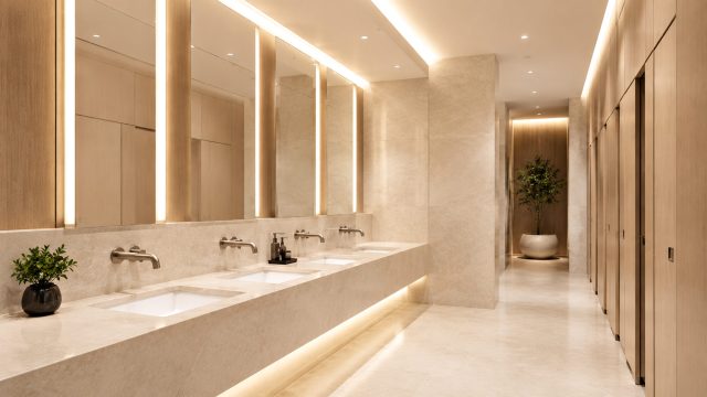 Luxury commercial washroom with integrated stone basins, wall-mounted faucets, full-height mirrors, wood-panelled stalls, and soft architectural lighting.
