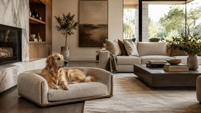 Golden retriever resting on an upholstered designer dog bed beside a marble fireplace in a refined contemporary living room.