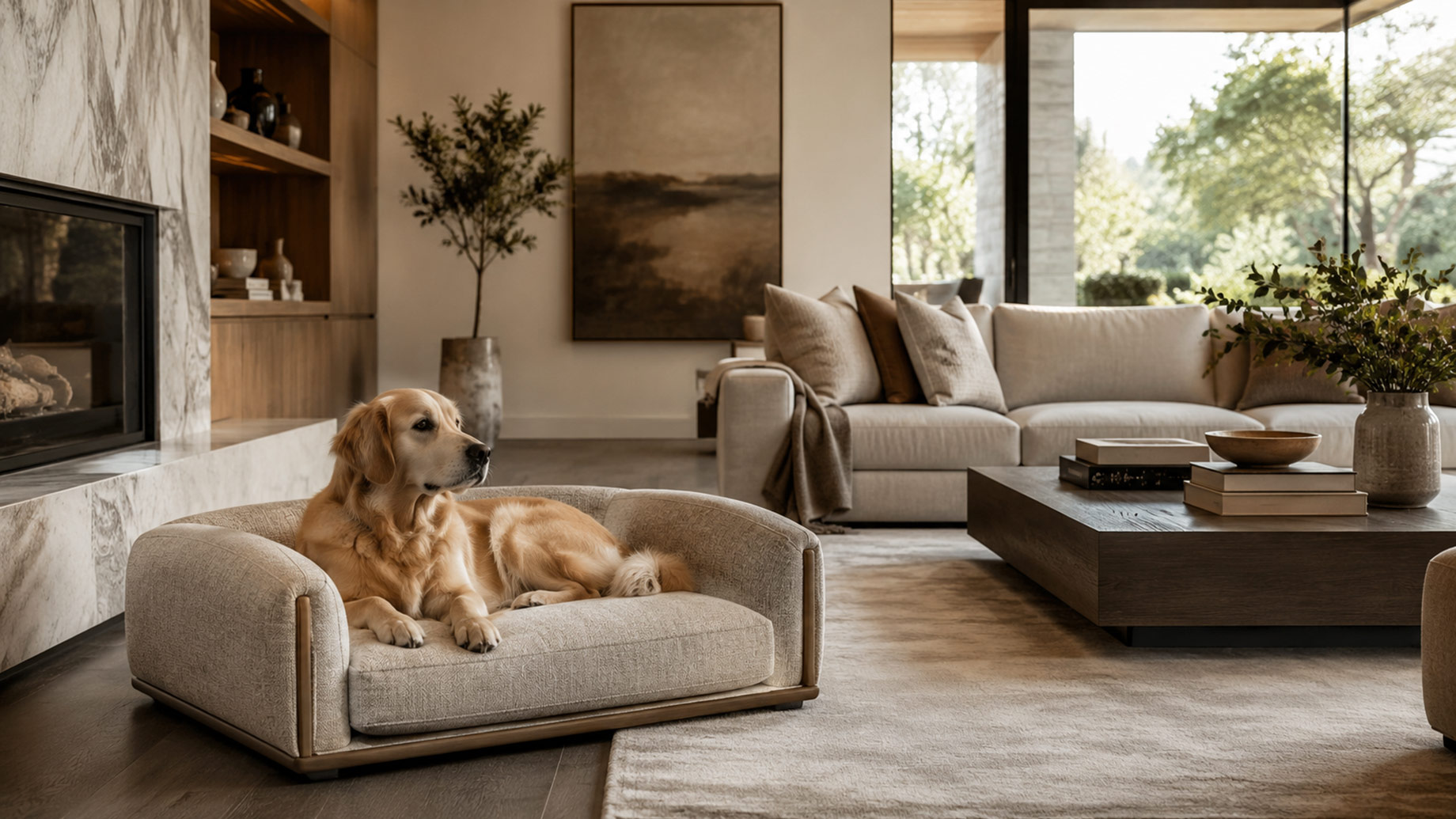 Golden retriever resting on an upholstered designer dog bed beside a marble fireplace in a refined contemporary living room.