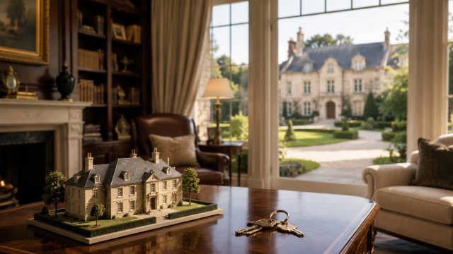 Luxury home model and keys on a polished desk inside an elegant study overlooking a large estate.