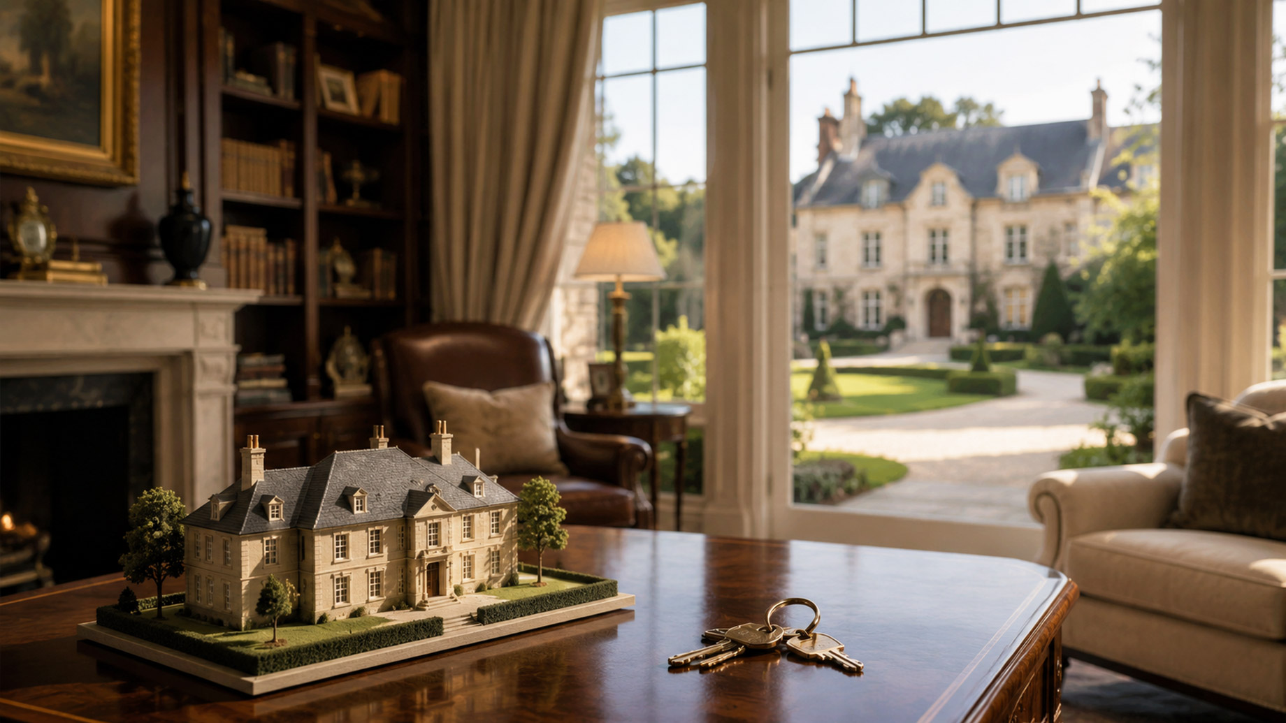 Luxury home model and keys on a polished desk inside an elegant study overlooking a large estate.