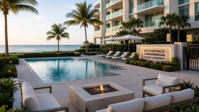 Luxury Florida condominium overlooking the ocean with private balconies, tropical landscaping, a swimming pool, and an outdoor residents’ lounge.