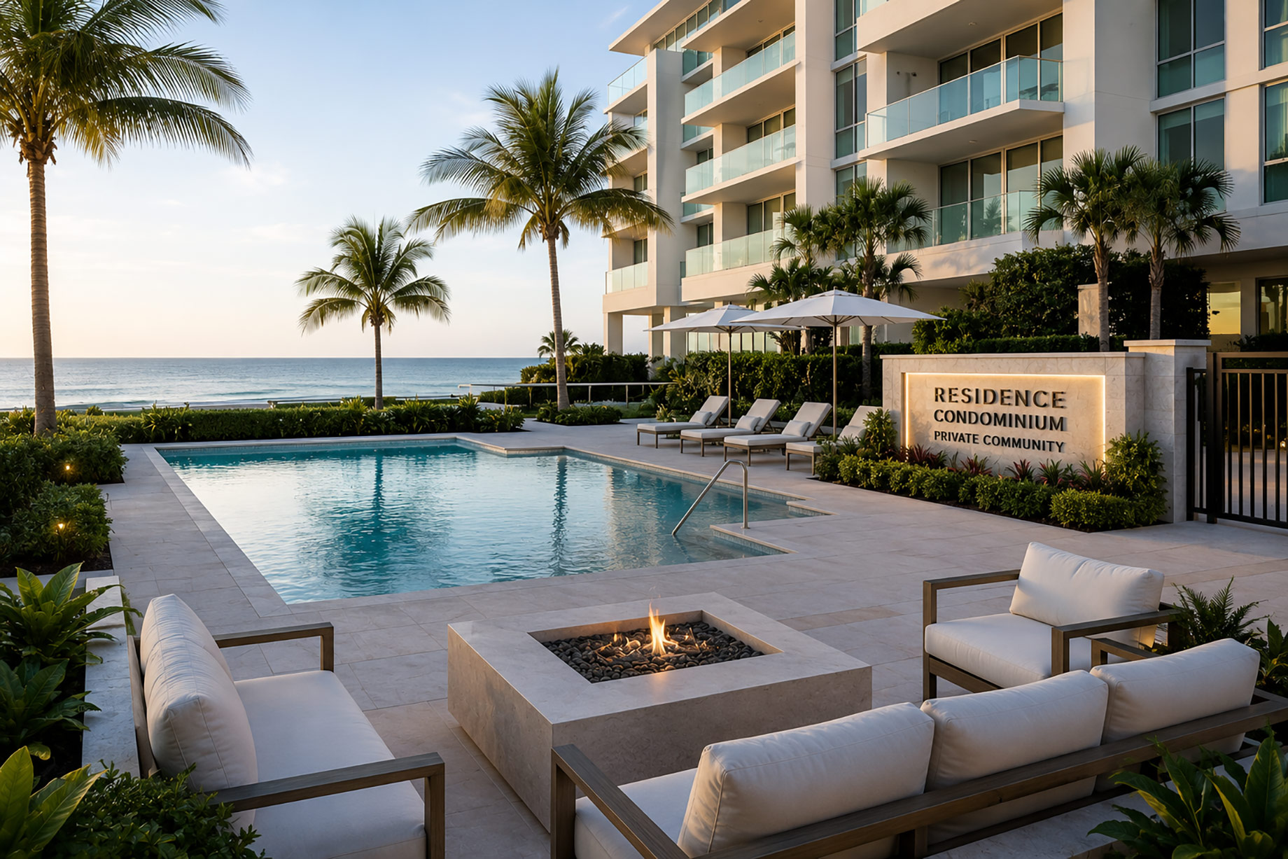 Luxury Florida condominium overlooking the ocean with private balconies, tropical landscaping, a swimming pool, and an outdoor residents’ lounge.