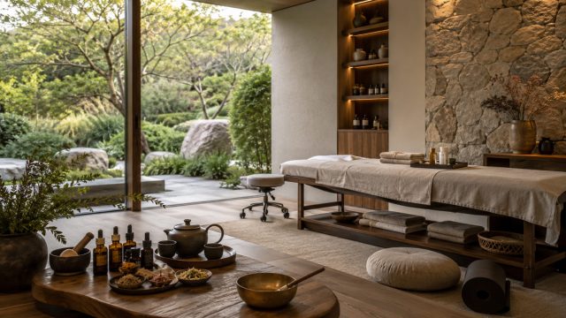 Luxury wellness retreat with massage table, herbal tinctures, medicinal plants, tea service, meditation cushions, and a tranquil garden view.