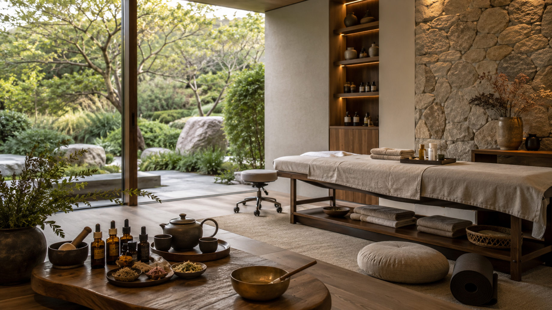 Luxury wellness retreat with massage table, herbal tinctures, medicinal plants, tea service, meditation cushions, and a tranquil garden view.