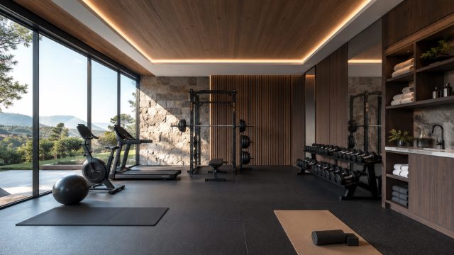Spacious luxury home gym with floor-to-ceiling windows, strength equipment, cardio machines, free weights, exercise mats, and built-in storage.