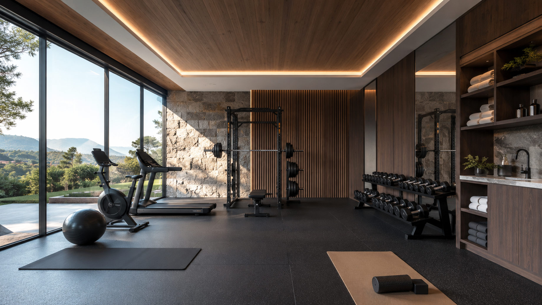 Spacious luxury home gym with floor-to-ceiling windows, strength equipment, cardio machines, free weights, exercise mats, and built-in storage.