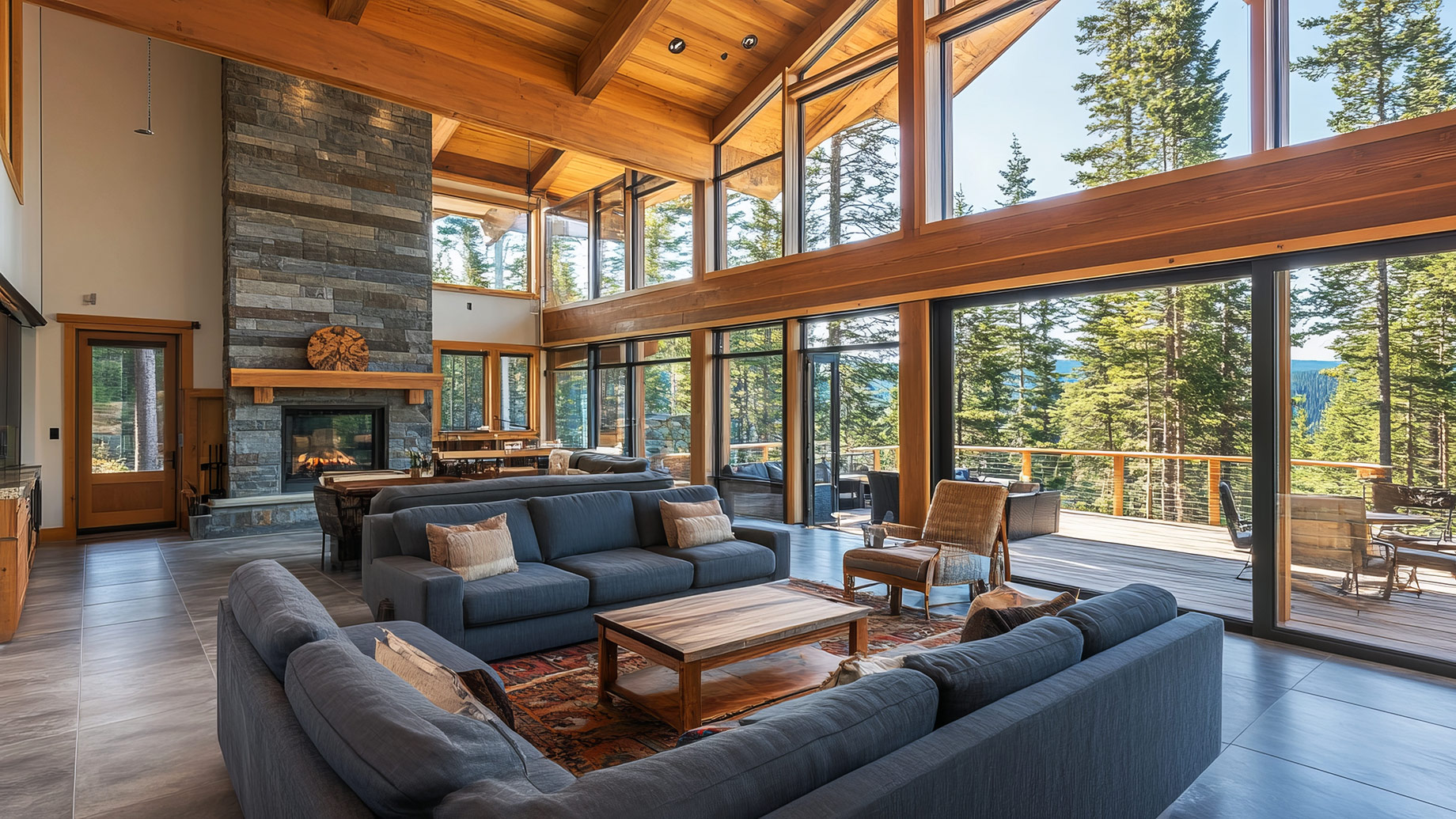Spacious luxury mountain estate living room with timber beams, a stone fireplace, floor-to-ceiling windows, and an outdoor terrace overlooking evergreen forest.