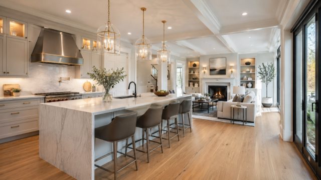 Renovated luxury kitchen and living area with a stone island, custom cabinetry, hardwood flooring, and a fireplace.