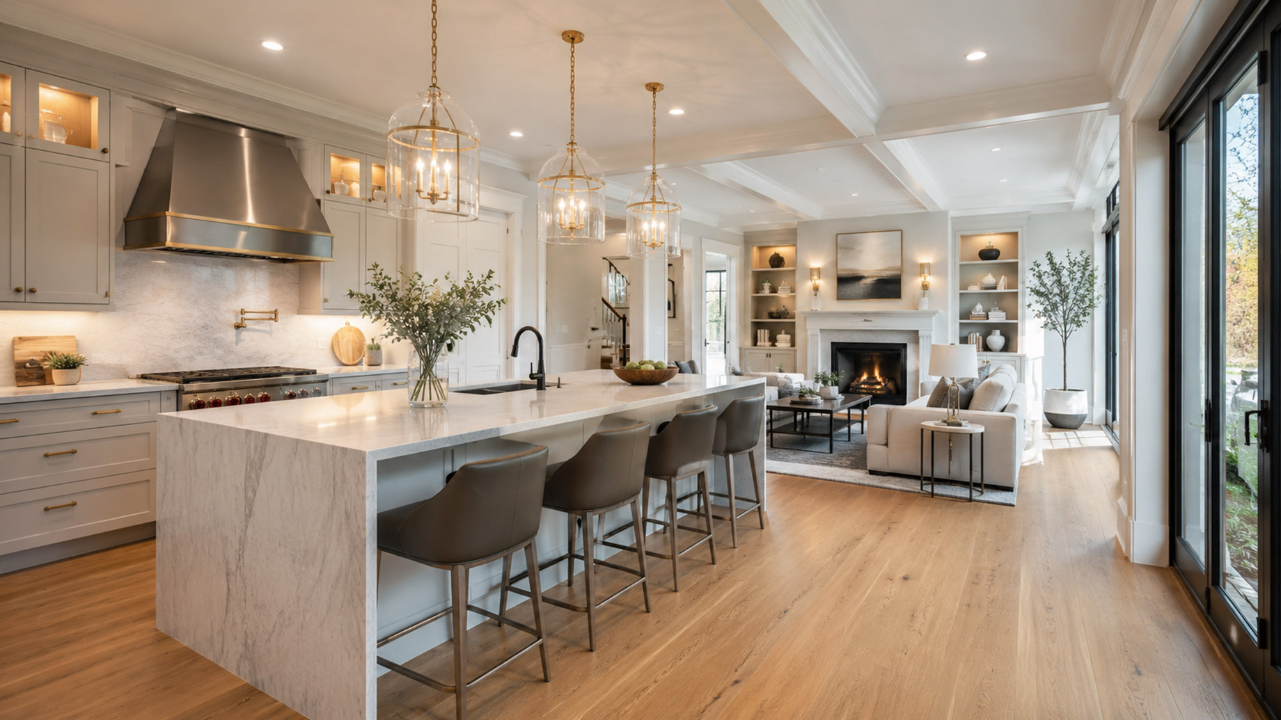 Renovated luxury kitchen and living area with a stone island, custom cabinetry, hardwood flooring, and a fireplace.