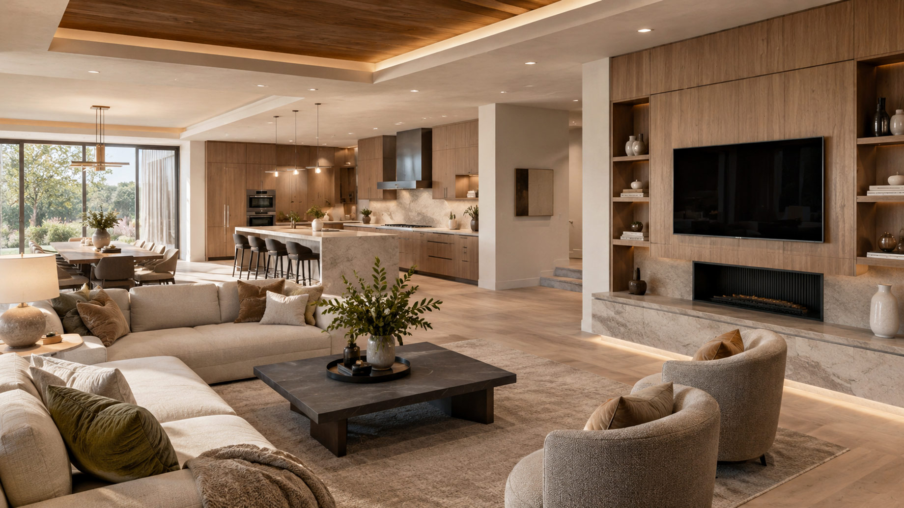 Luxury open-plan living room and kitchen with natural stone, warm wood cabinetry, integrated storage, layered lighting, and comfortable seating.