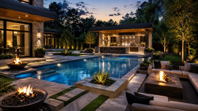 Luxury backyard with a custom swimming pool, covered outdoor kitchen, fire features, lounge seating, stone hardscaping, and layered landscape lighting.