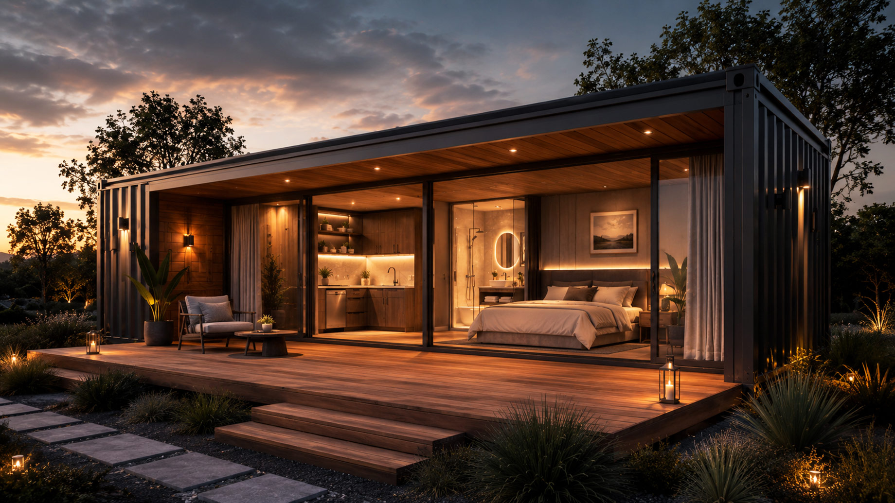 Luxury prefab container studio with a bedroom, compact kitchen, glass-enclosed bathroom, full-height glazing, and a timber terrace at twilight.